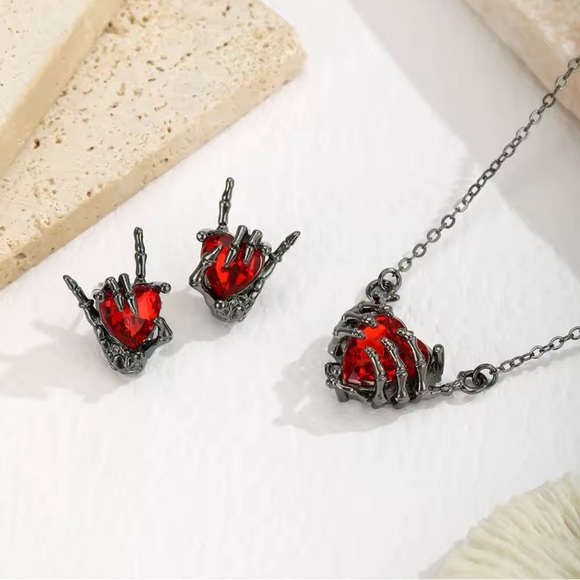 Moon Goddess Emporium Jewelry - Black Gun Metal Rhodium Skeleton Hands Heart Necklace & Earrings Halloween Goth